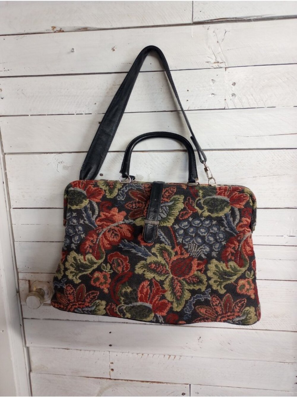 Vintage Large Floral Tapestry Satchel Bag Black Handles Mary Poppins Style